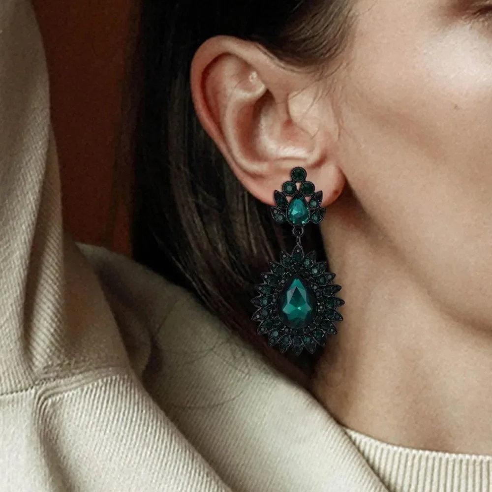 Carbon Black with Emerald Green Crystal Art Deco Chandelier Dangling Earrings